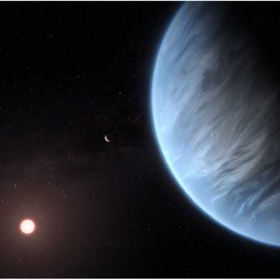 ESA/Hubble artist’s impression of the Hycean planet K12-18b and its host star. Life may reside in a vast global ocean deep beneath layered hydrogen clouds