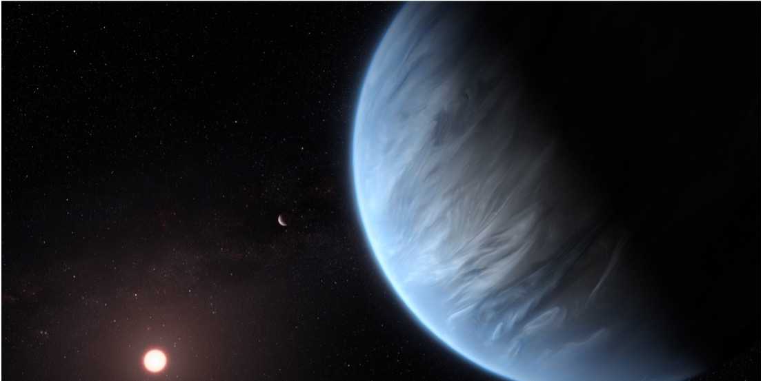 ESA/Hubble artist’s impression of the Hycean planet K12-18b and its host star.
