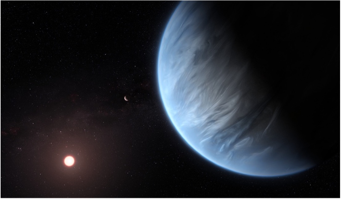 ESA/Hubble artist’s impression of the Hycean planet K12-18b and its host star. Life may reside in a vast global ocean deep beneath layered hydrogen clouds.